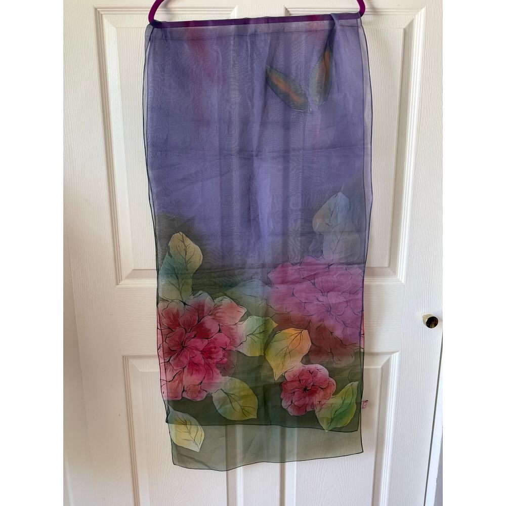 Blush Purple Floral Sheer Silk Scarf Hand Painted Style Wrap Coquette Softgirl